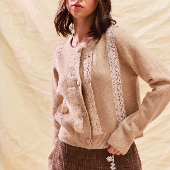 Front Lace Trim Button Cardigan Sweater
 Beige Lace-Trimmed Sweater - Picture 9 of 12